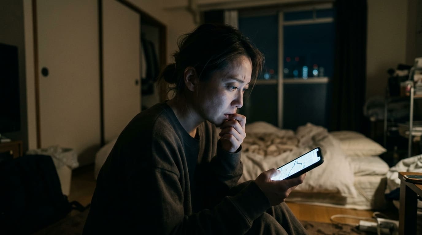 小型GPSでの浮気調査に不安を感じスマホを見つめる日本人女性のイメージ画像