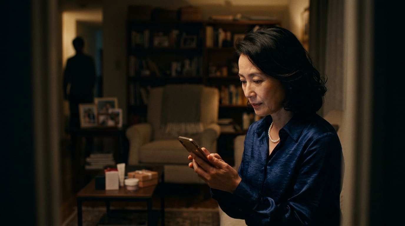 夜のリビングで、薄暗い中、真剣な表情でスマホを見つめる、40代後半〜50代の日本人女性。上品な服装で、スマホの画面の光が彼女の顔を照らす。記事『熟女の不倫 不倫する女 特徴』を象徴する、秘密と変化を感じさせるアイキャッチ画像。