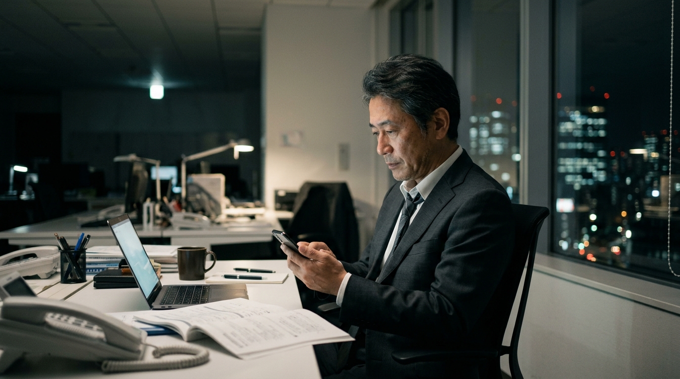 夜のオフィスでスマートフォンを意味深に見つめるビジネススーツ姿の日本人男性（不倫が多い職業のイメージ）