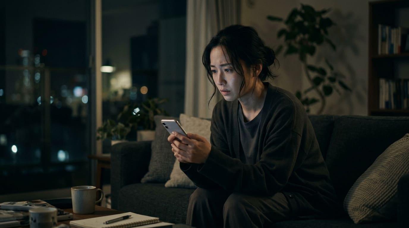 暗い部屋で一人スマホの画面を不安そうな表情で見つめる日本人女性のイメージ画像