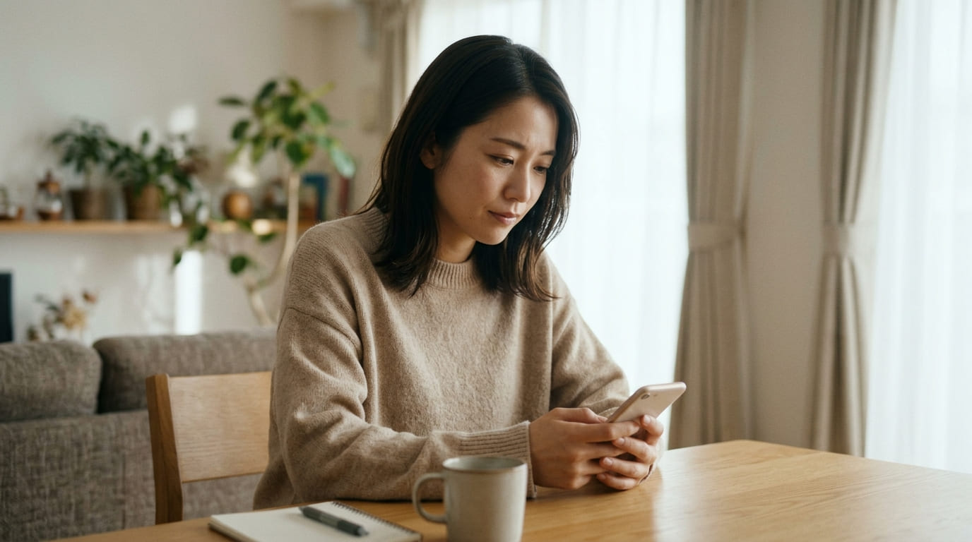 婚前調査の依頼理由と需要を解説する記事のアイキャッチ画像（不安そうな表情でスマートフォンを見つめる日本人女性）