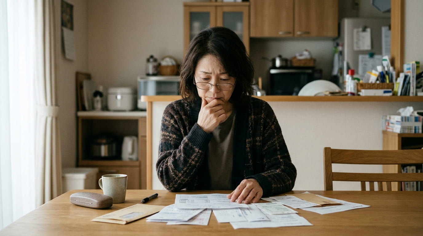 子どもの結婚相手や結婚前調査について自宅のテーブルで真剣に悩む日本人の母親