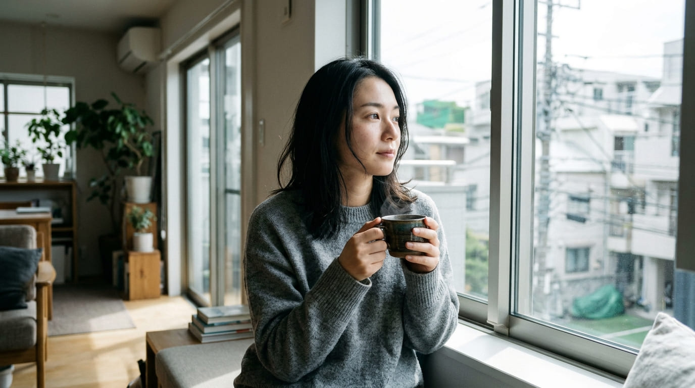 婚前調査を検討し一人で悩む日本人女性のイメージ画像