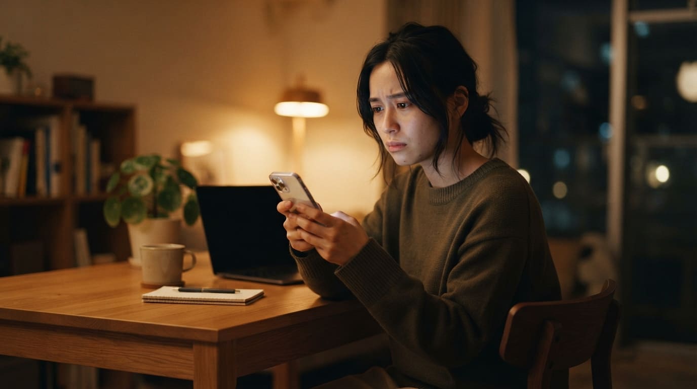 夜のリビングでスマートフォンを見つめ、不安そうな表情を浮かべる日本人のイメージ画像